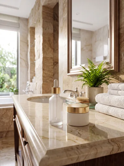 Skincare Products on a Marble Bathroom Vanity
