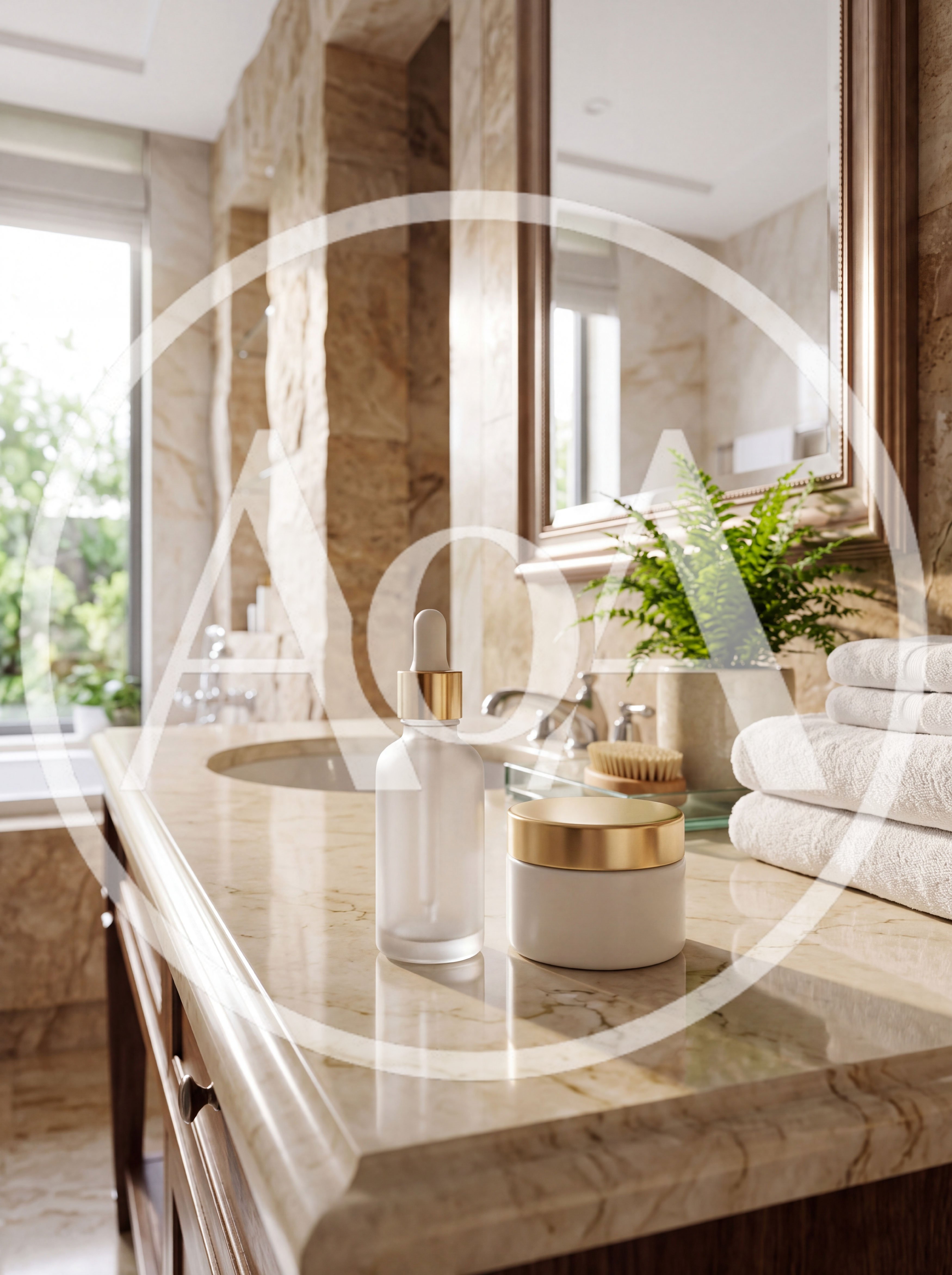 Skincare Products on a Marble Bathroom Vanity
