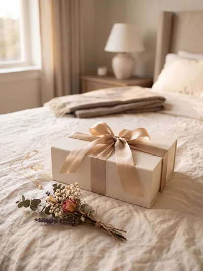 Gift Box With Ribbon And Dried Flowers On Bed
