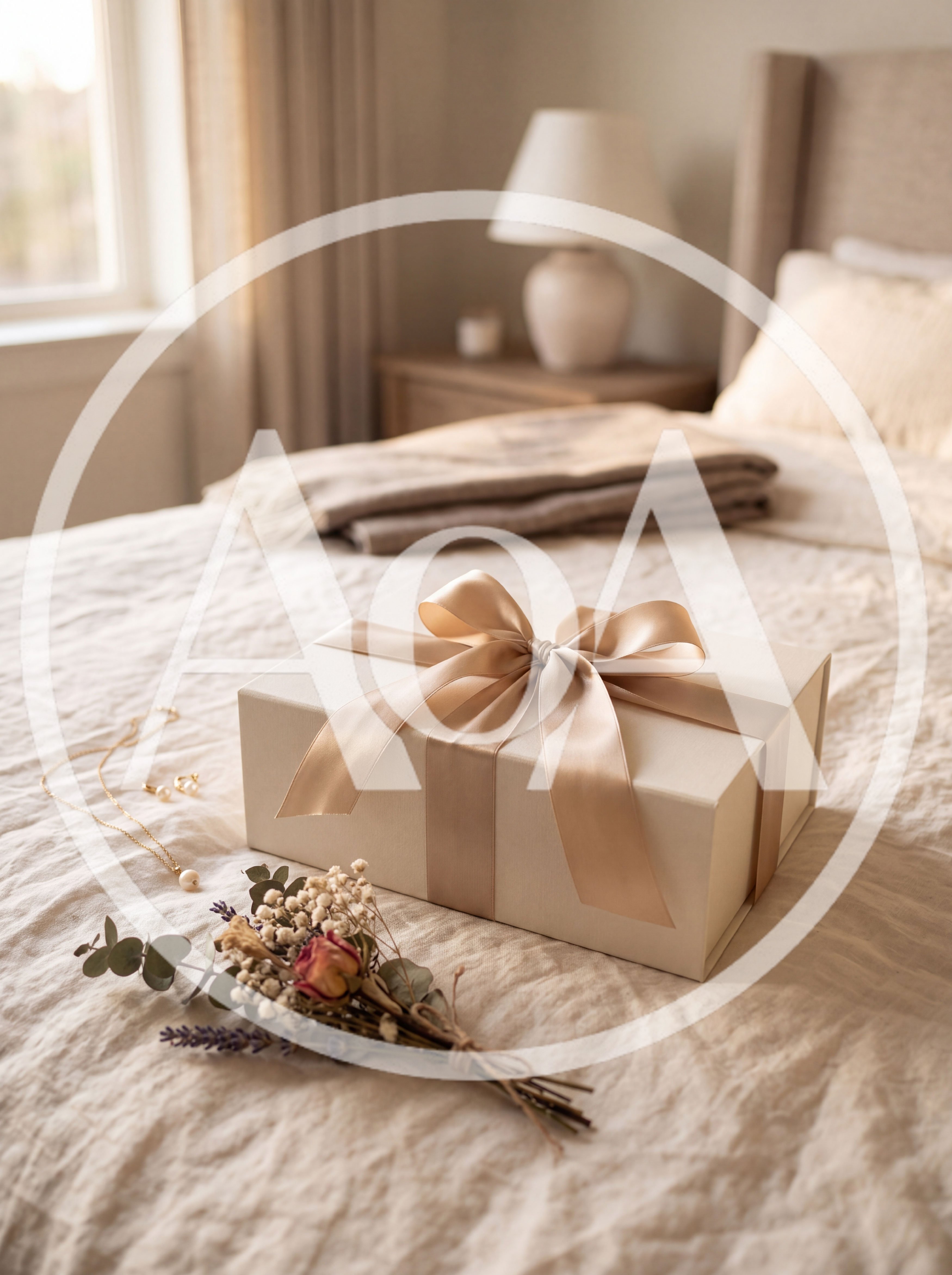 Gift Box With Ribbon And Dried Flowers On Bed