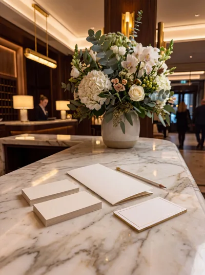Hotel Reception Desk With Stationery And Floral Arrangement