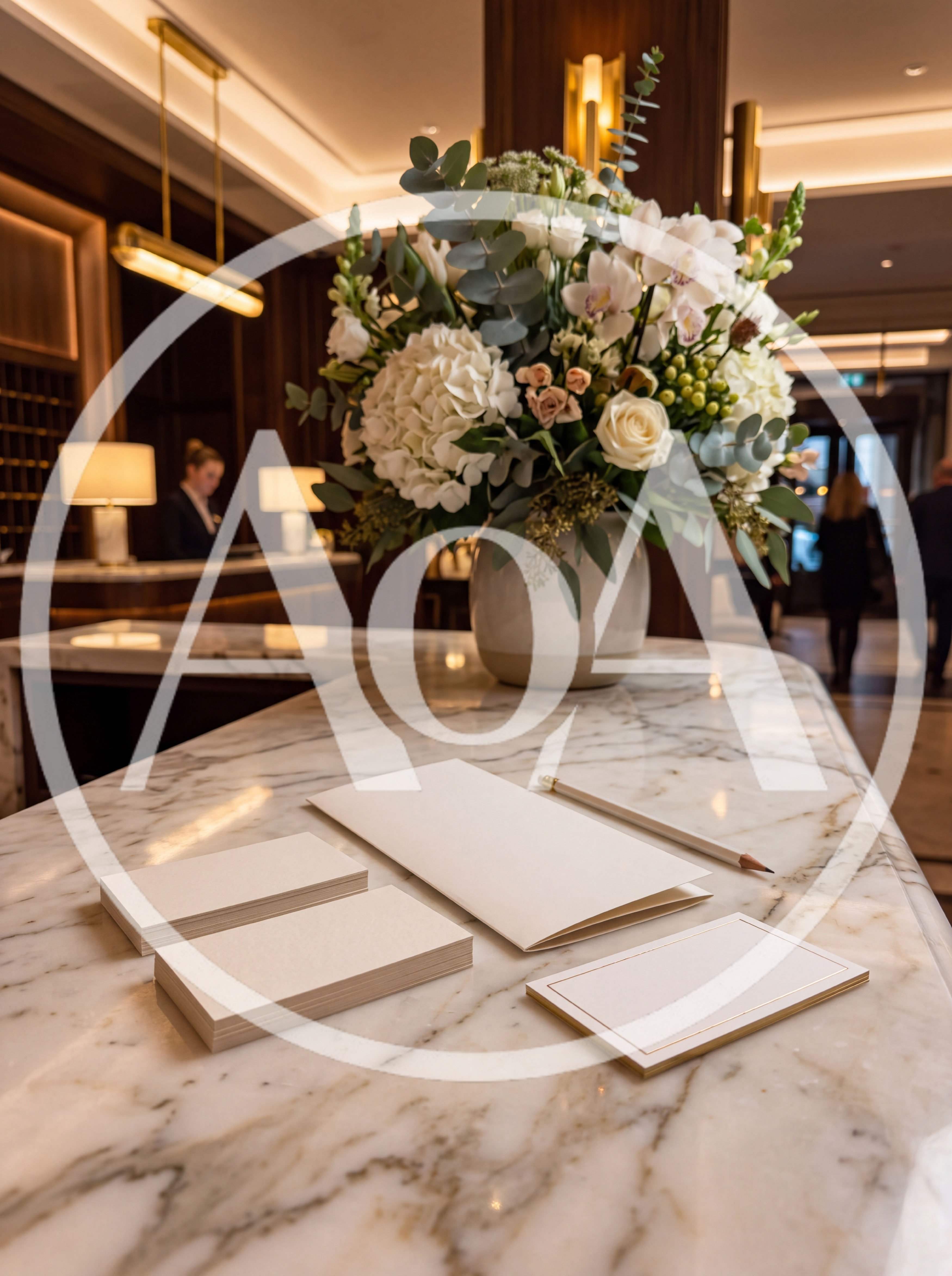 Hotel Reception Desk With Stationery And Floral Arrangement