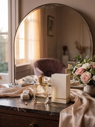 Luxury Perfume Bottle and Jewelry on Vanity Table