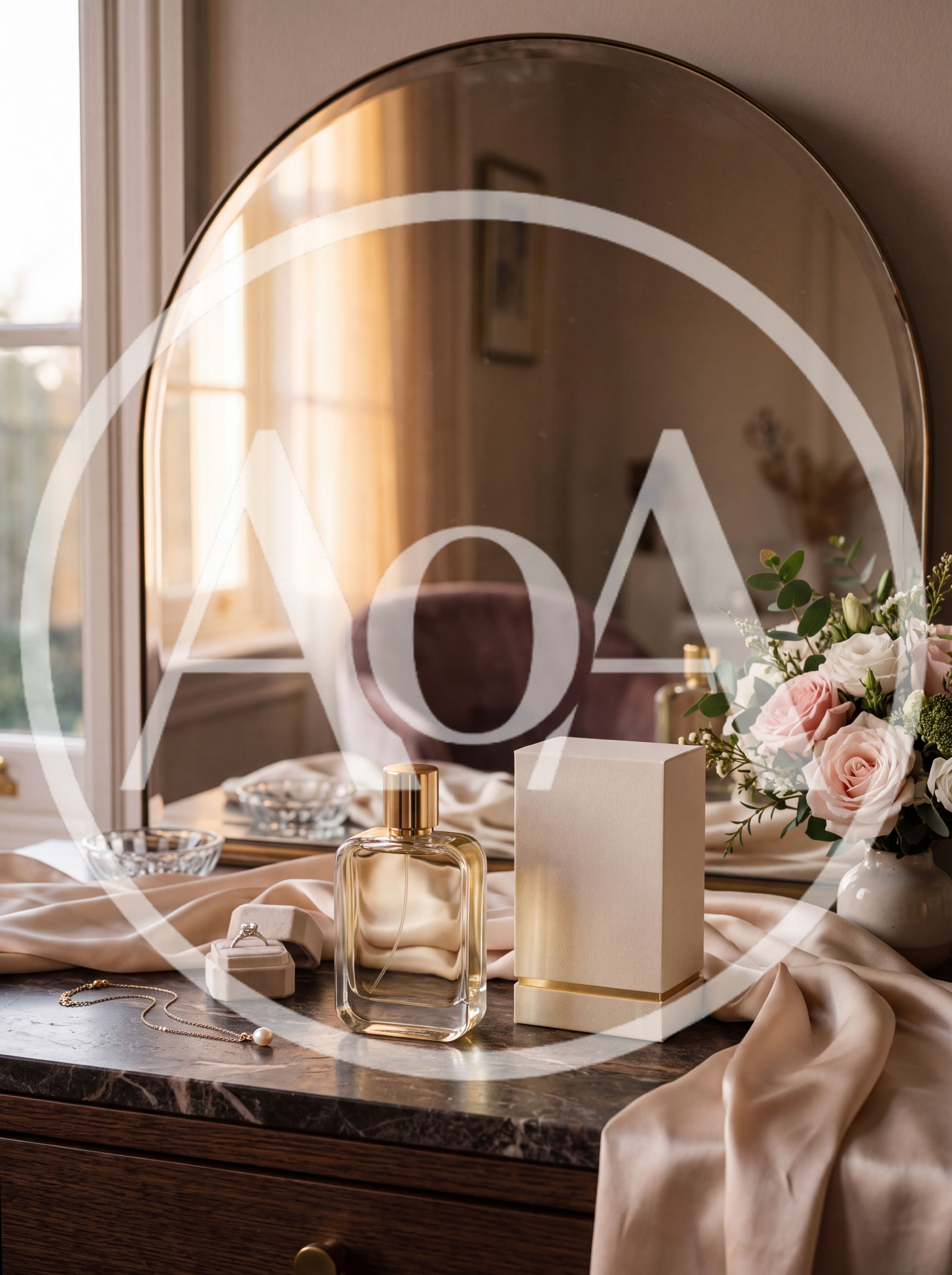 Luxury Perfume Bottle and Jewelry on Vanity Table