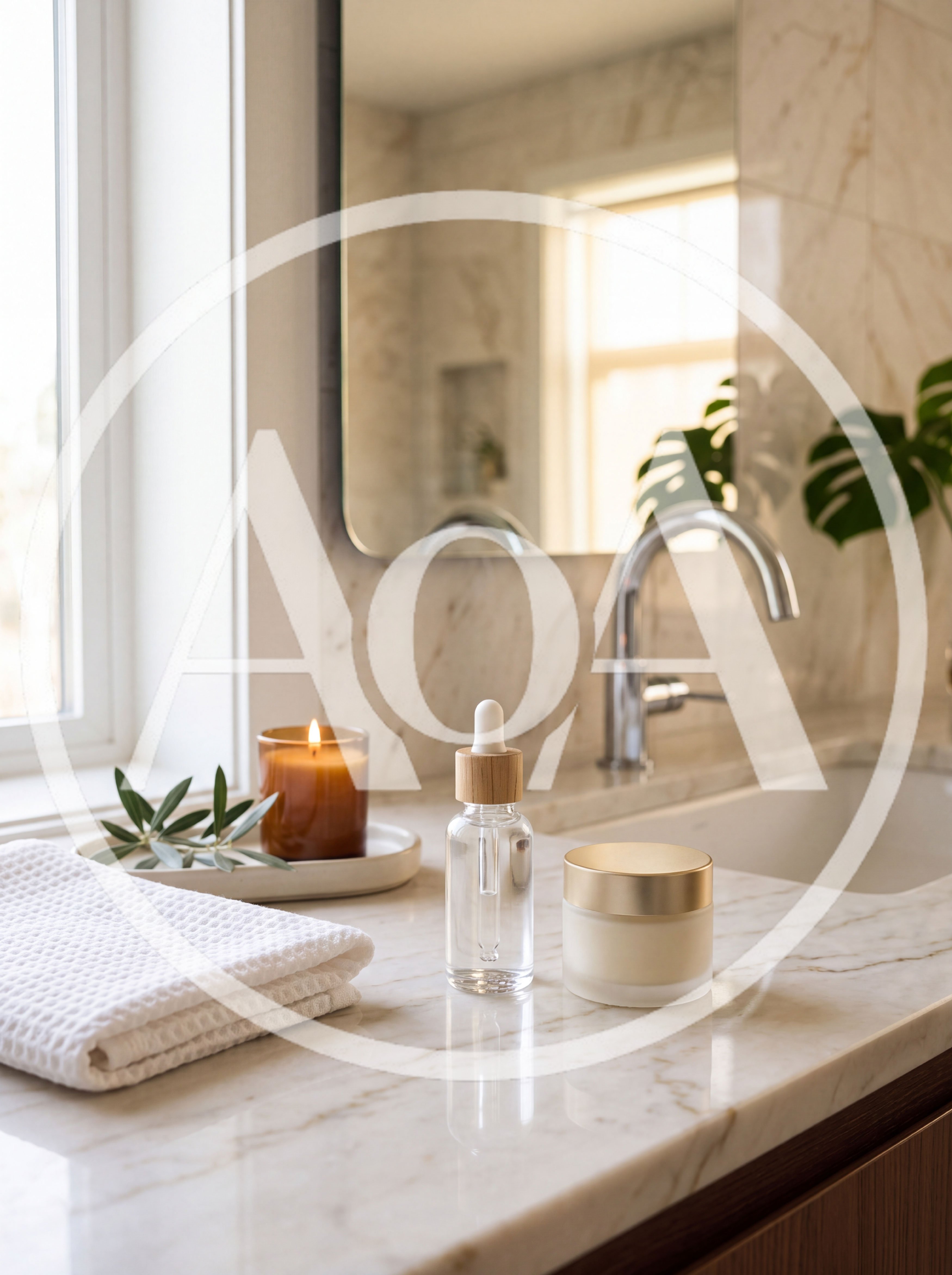 Skincare Products on Marble Bathroom Countertop