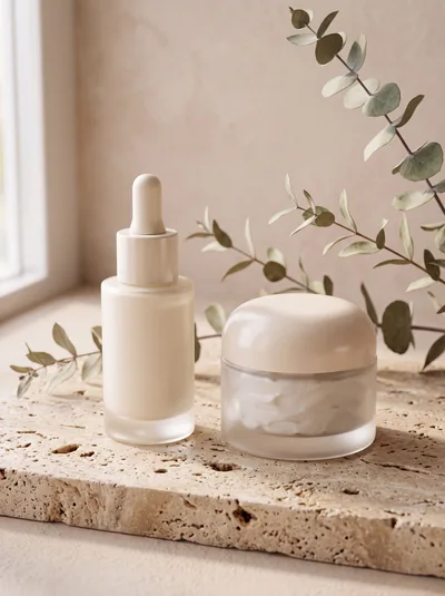 Skincare Products on Natural Stone Display