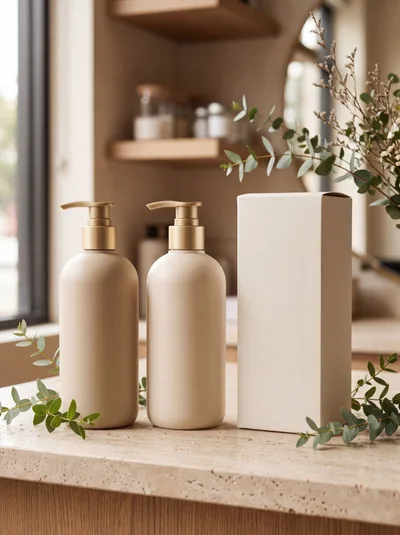 Beige Cosmetic Pump Bottles and Packaging Box