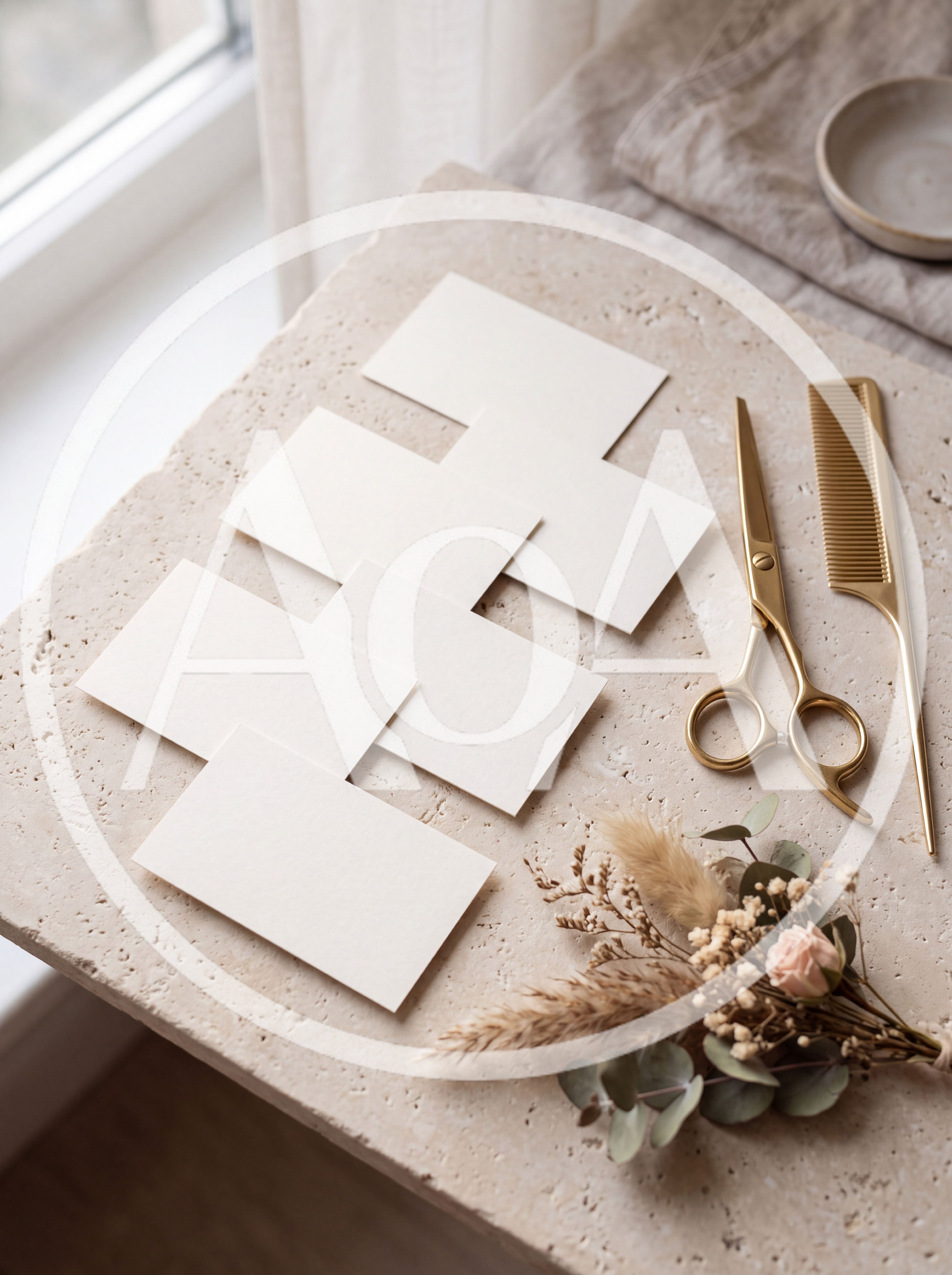 Blank Business Cards With Hairdressing Tools On Stone