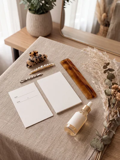 Flat Lay Stationery With Hair Accessories And Skincare