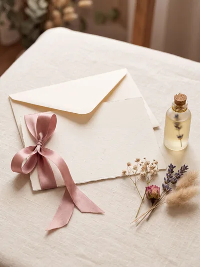 Blank Wedding Invitation Card With Pink Ribbon