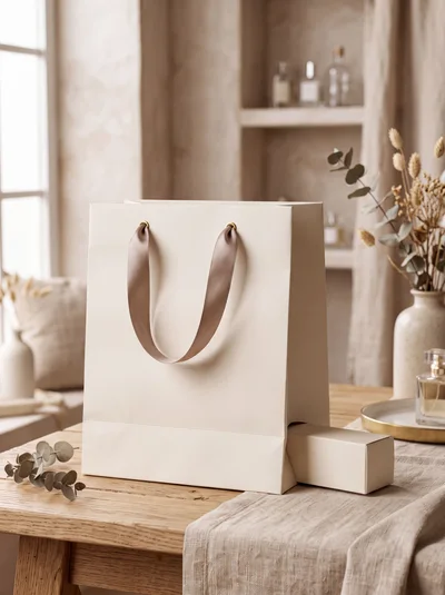 Minimalist Beige Shopping Bag With Ribbon Handles