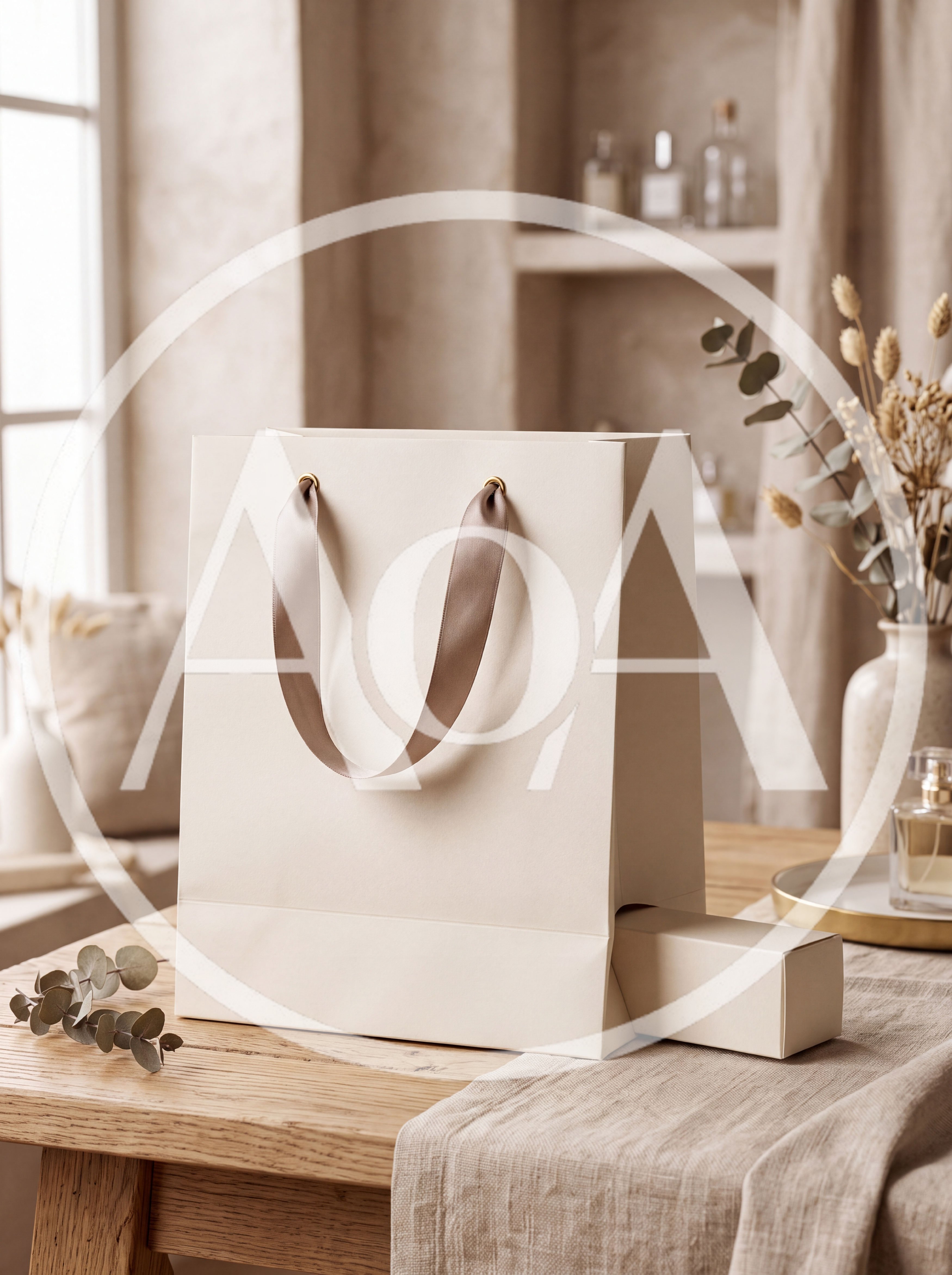 Minimalist Beige Shopping Bag With Ribbon Handles