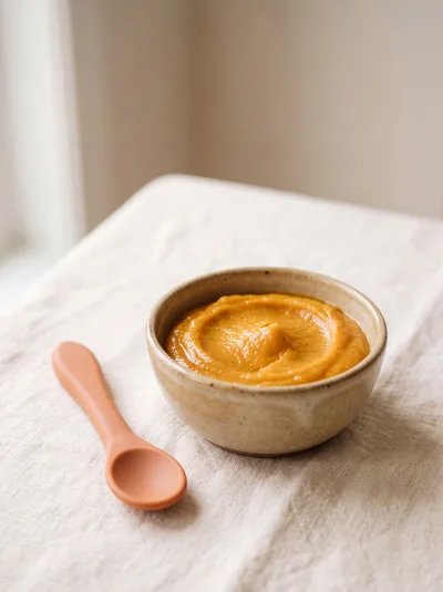 Bowl Of Pureed Baby Food With Silicone Spoon