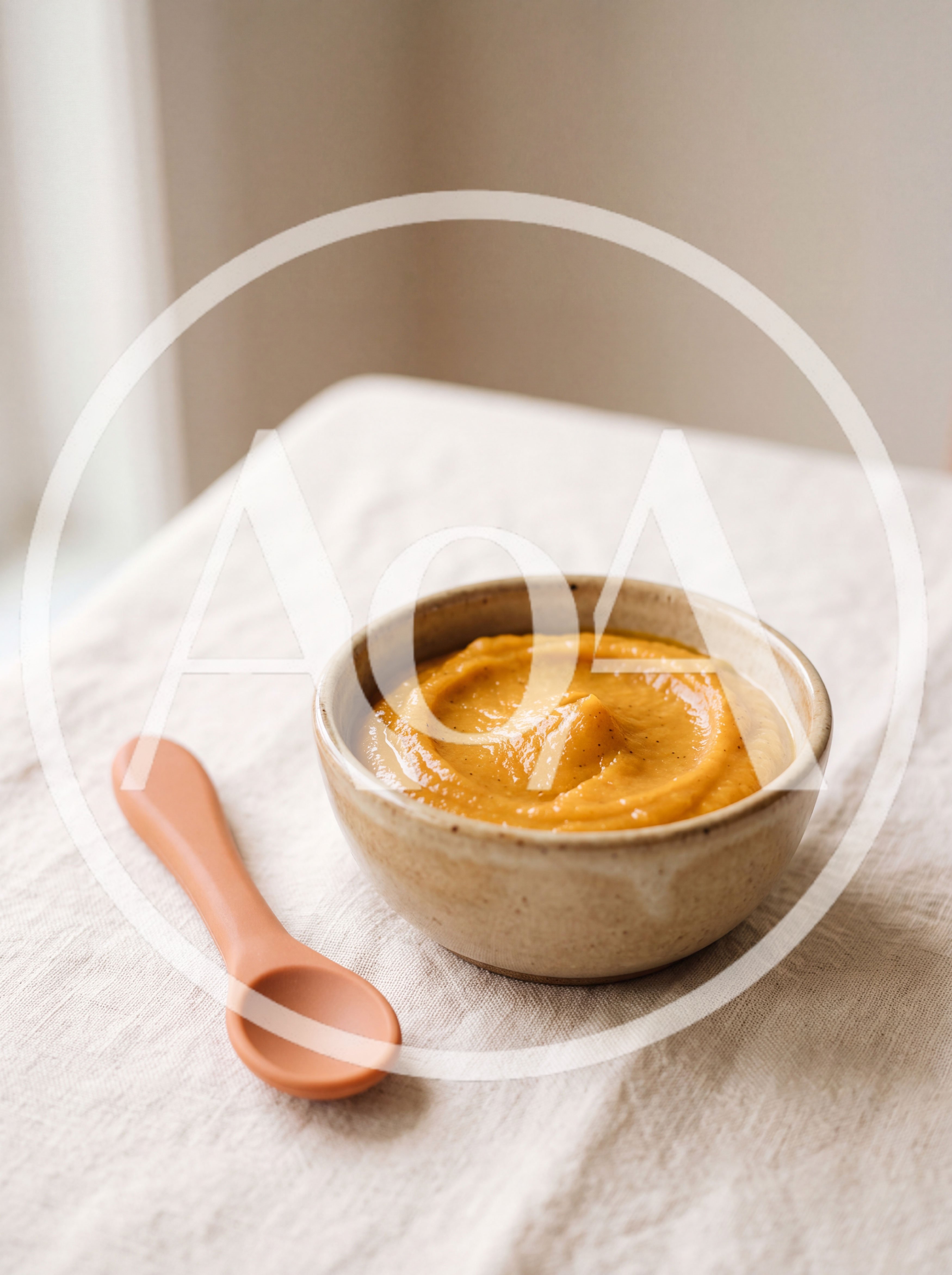 Bowl Of Pureed Baby Food With Silicone Spoon