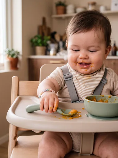 Baby Eating Pureed Food In High Chair