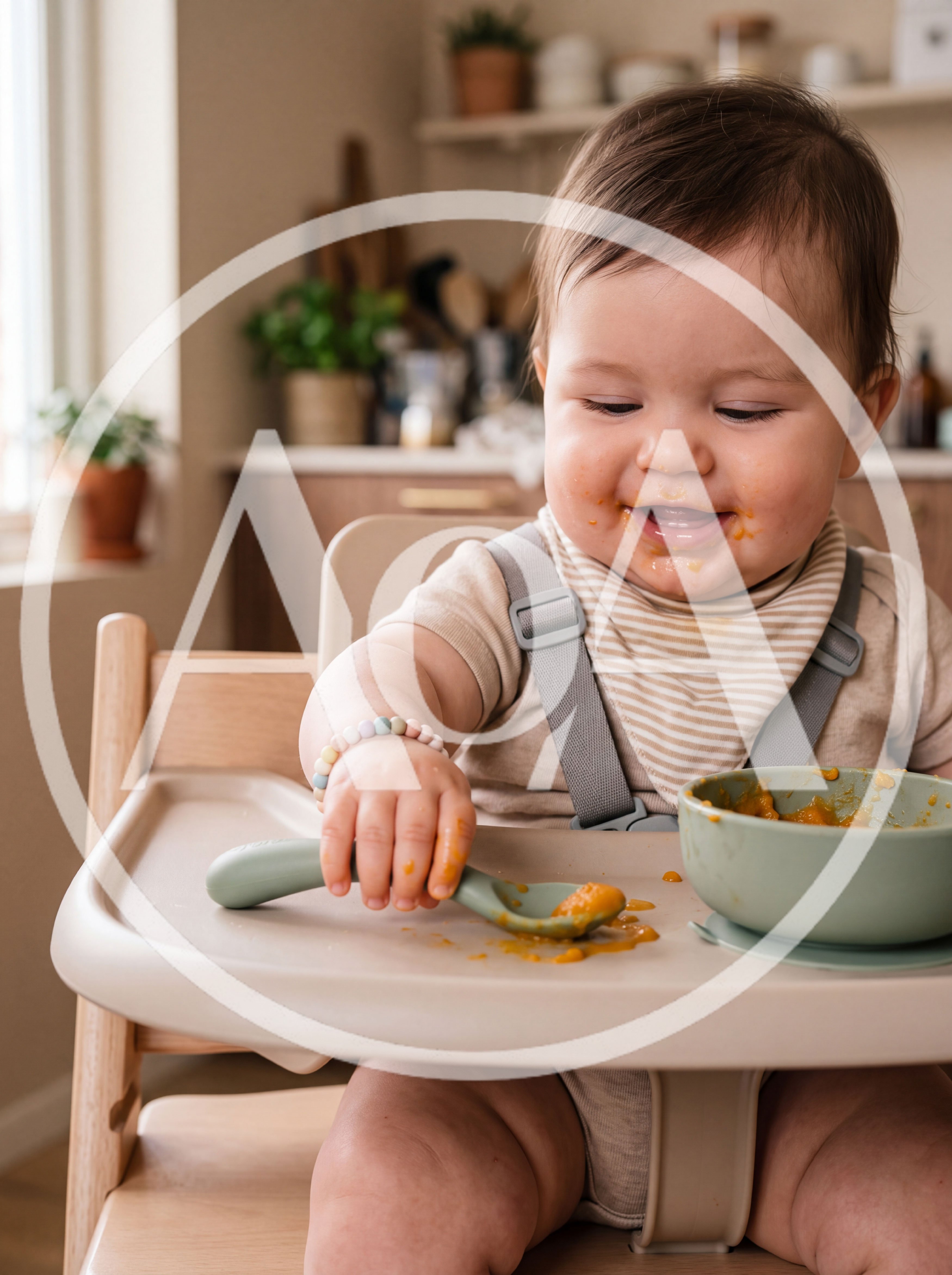 Baby Eating Pureed Food In High Chair