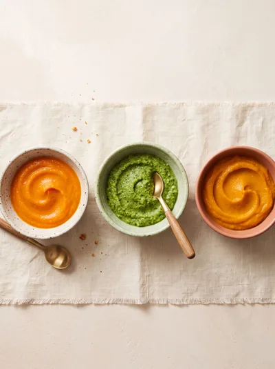 Three Bowls of Pureed Vegetable Baby Food