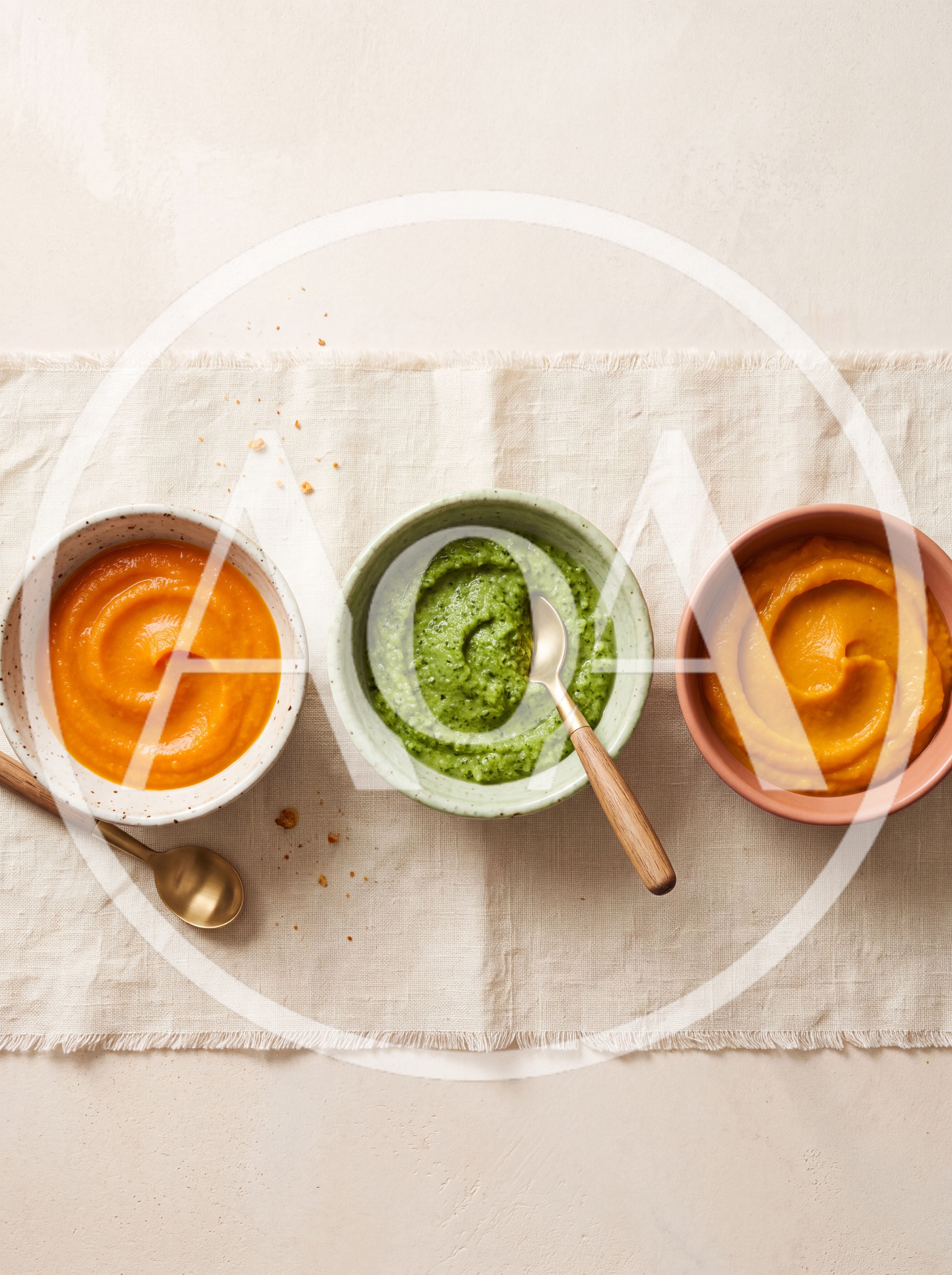 Three Bowls of Pureed Vegetable Baby Food