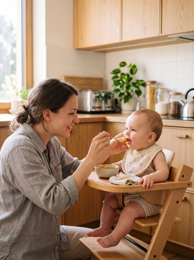 Mother Feeding Baby Puree in Modern Kitchen
