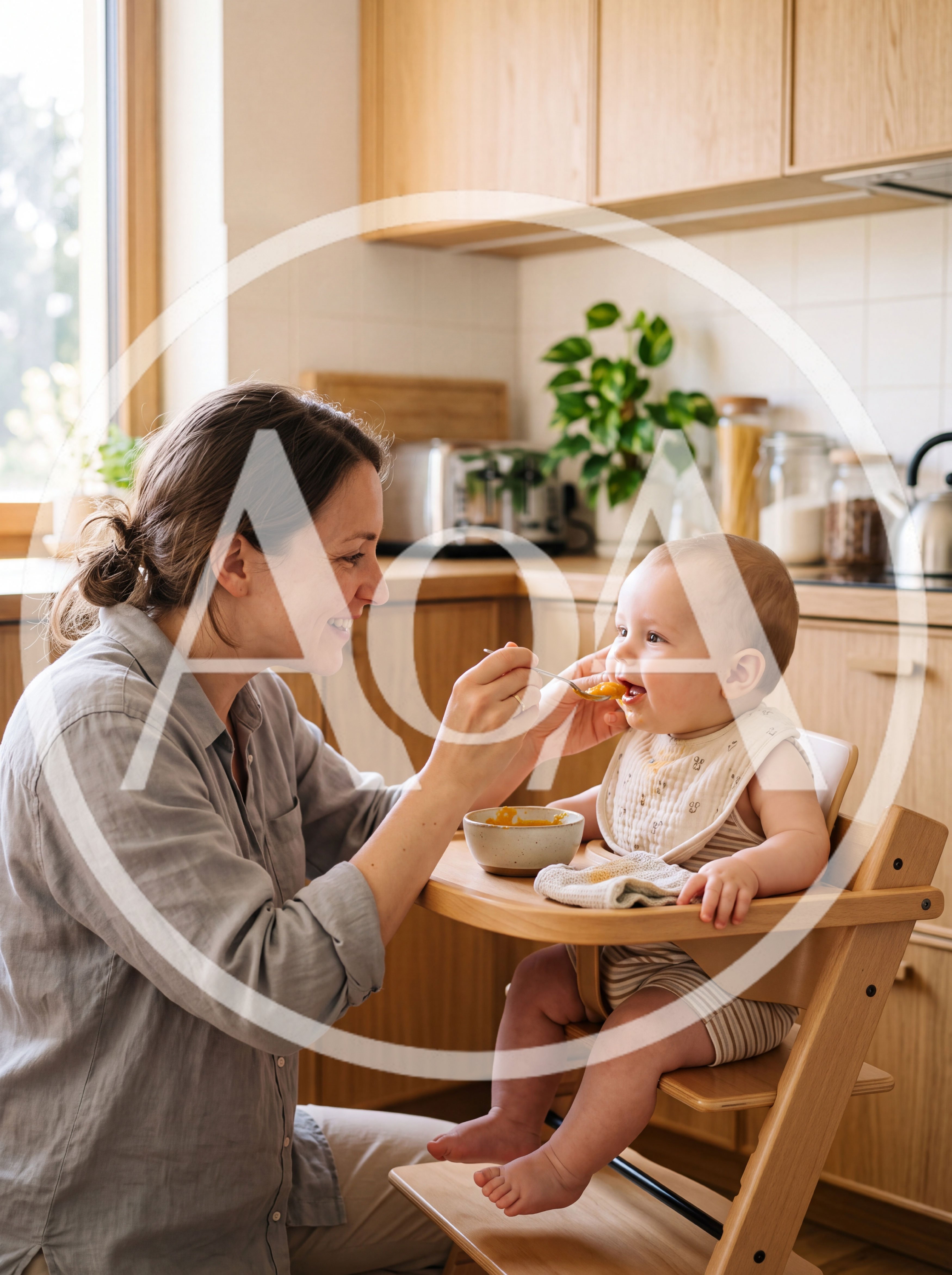Mother Feeding Baby Puree in Modern Kitchen