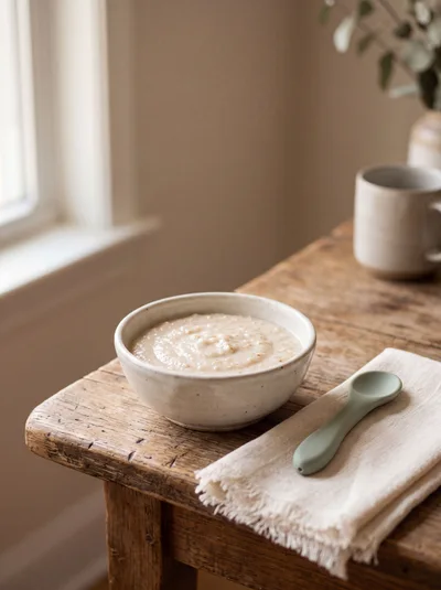 Bowl of Oatmeal with Spoon on Rustic Table