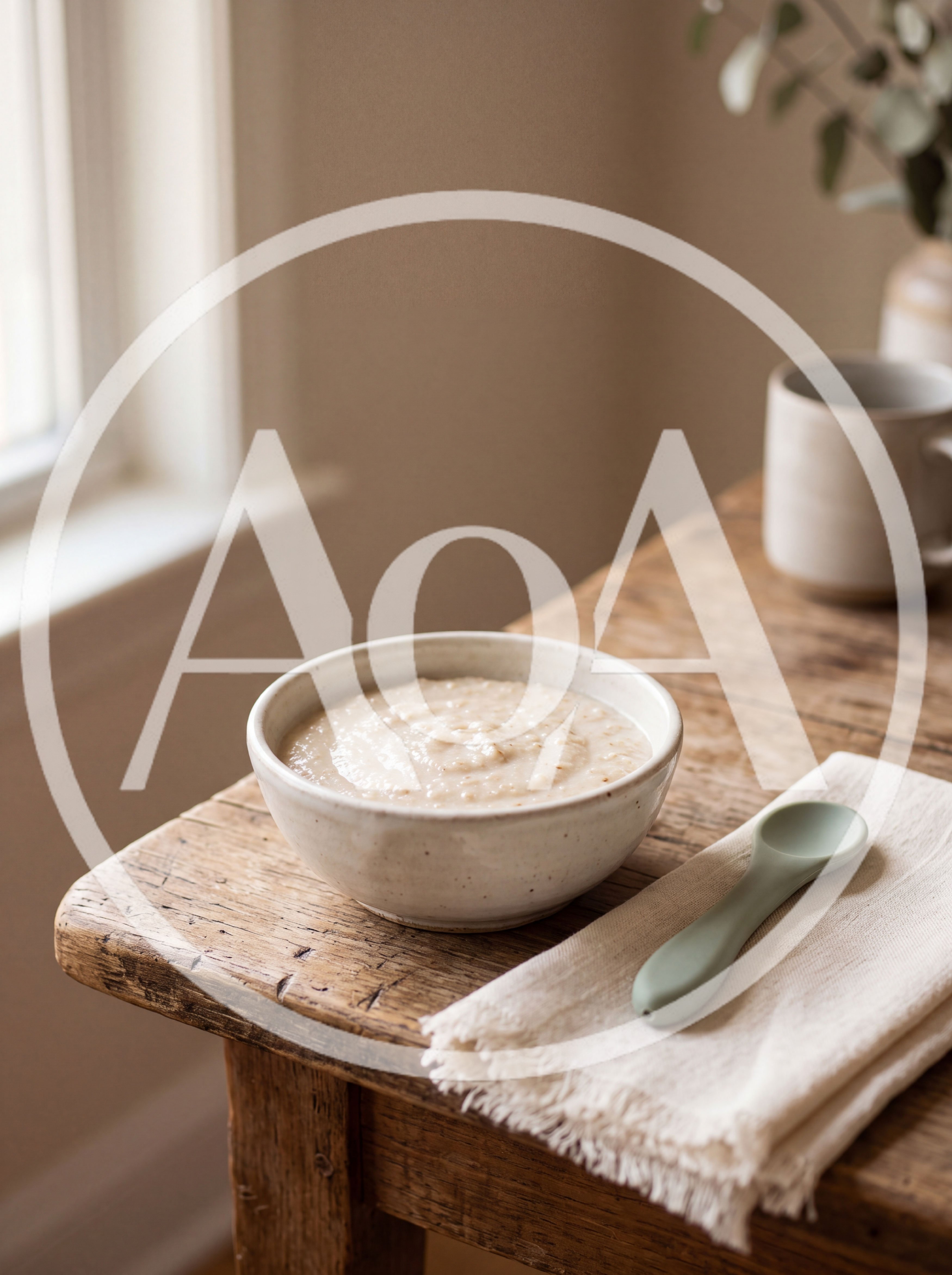 Bowl of Oatmeal with Spoon on Rustic Table