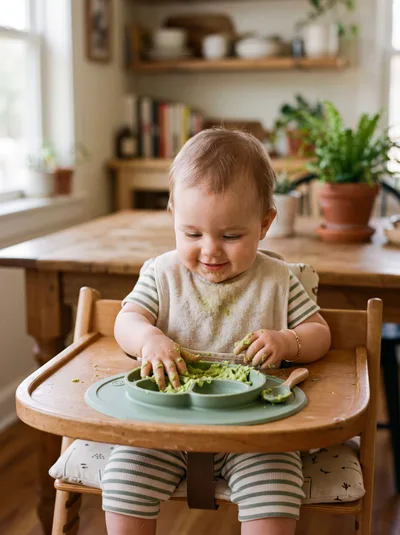 Baby Eating Mashed Avocado in High Chair