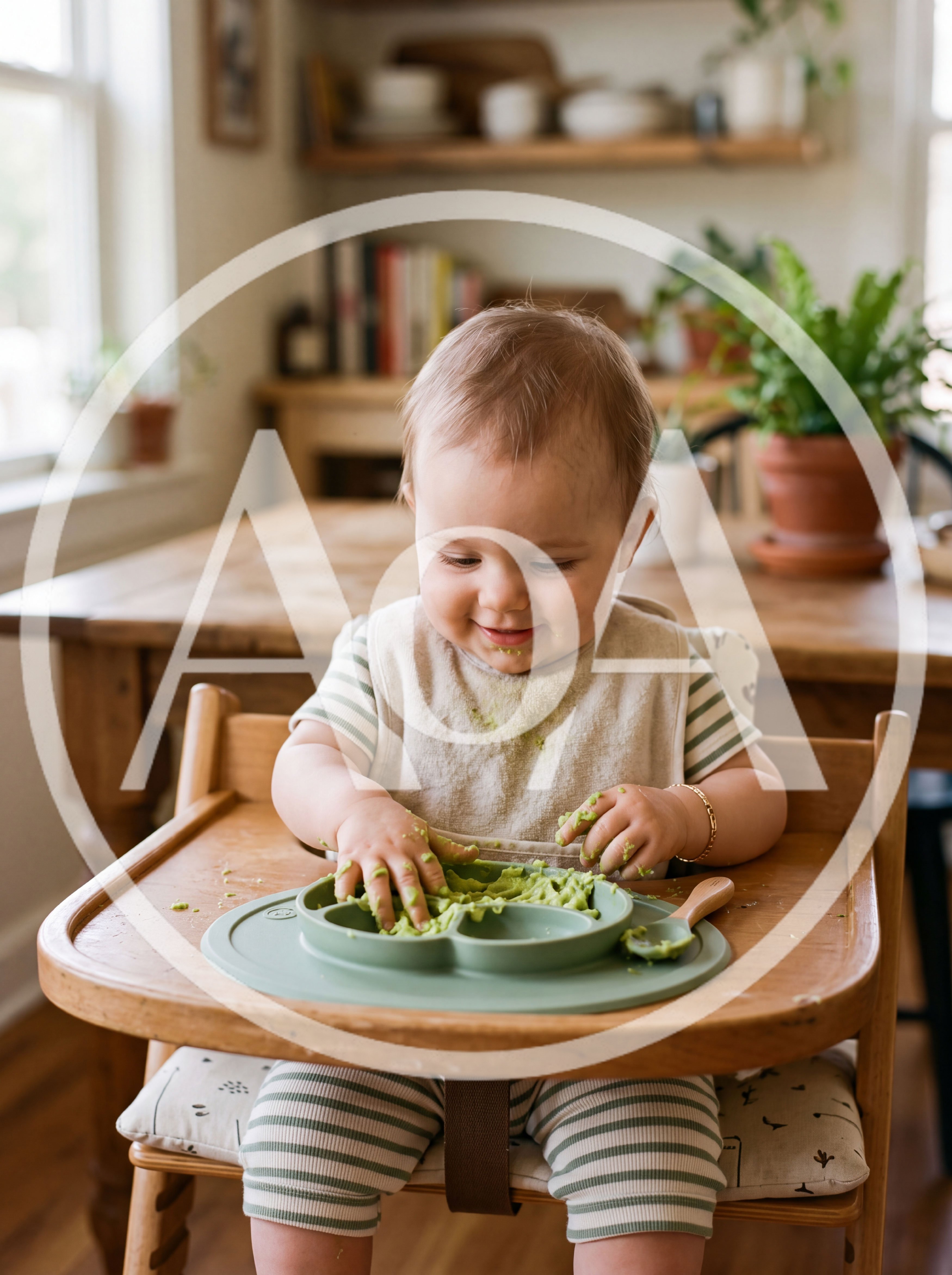 Baby Eating Mashed Avocado in High Chair