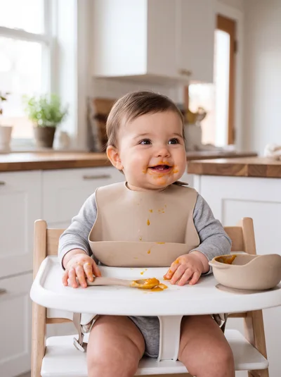 Happy Baby Eating Pureed Food in High Chair