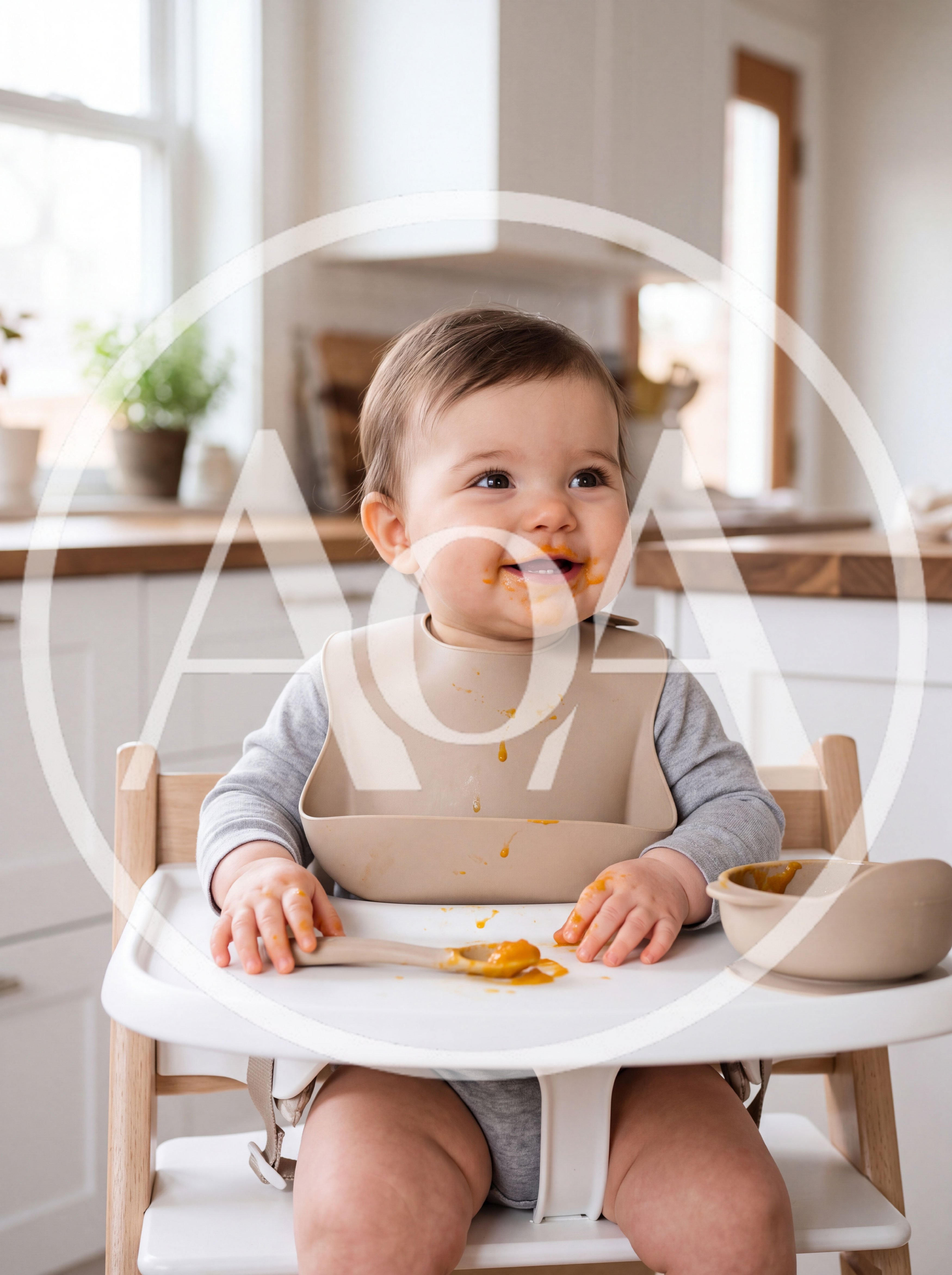 Happy Baby Eating Pureed Food in High Chair