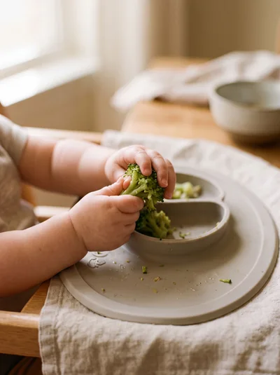 Baby Hands Playing With Broccoli On Silicone Plate