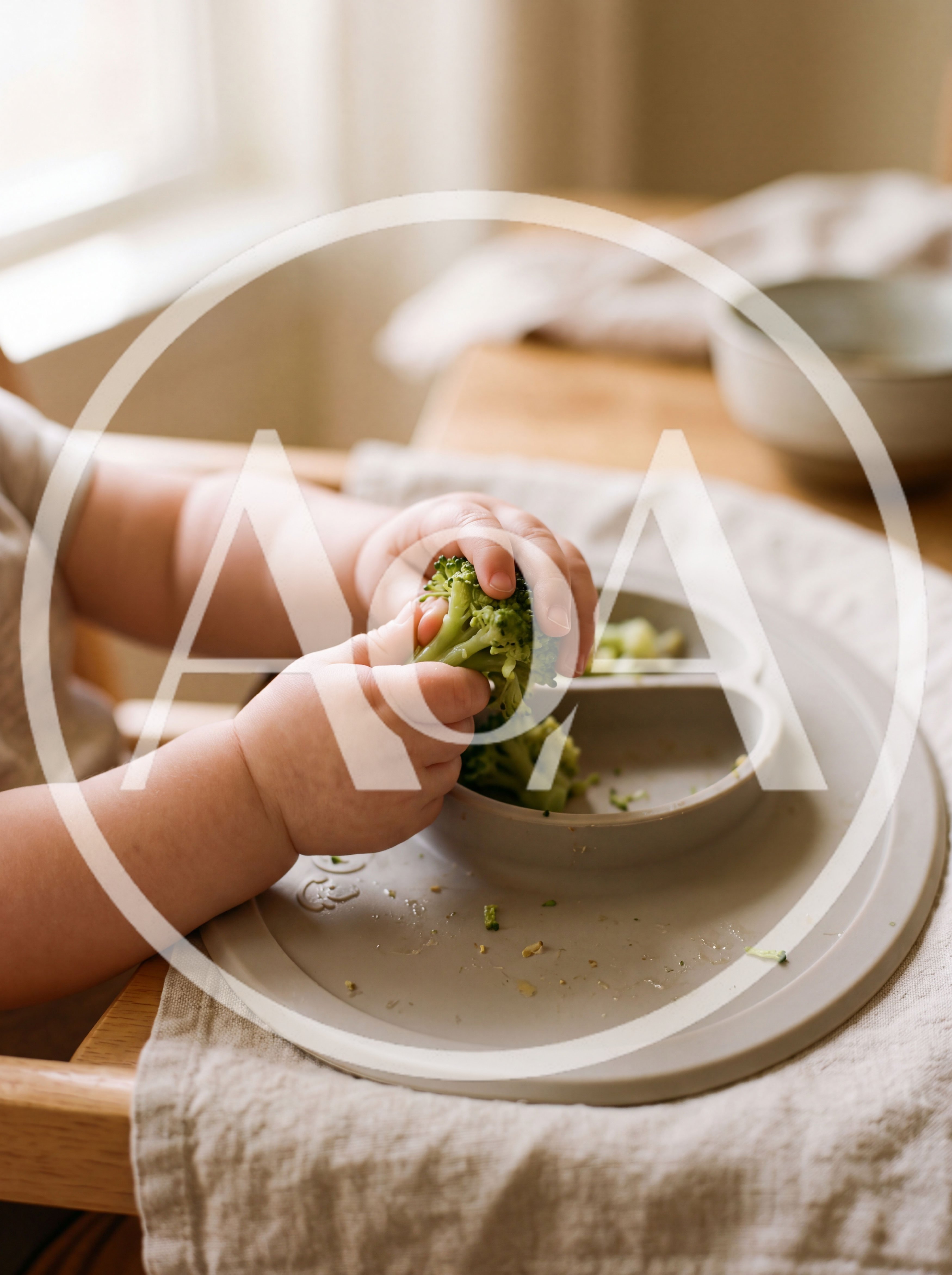 Baby Hands Playing With Broccoli On Silicone Plate