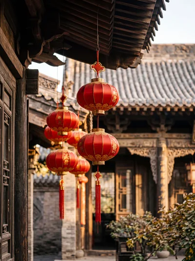 Traditional Red Chinese Lanterns Hanging in Ancient Courtyard