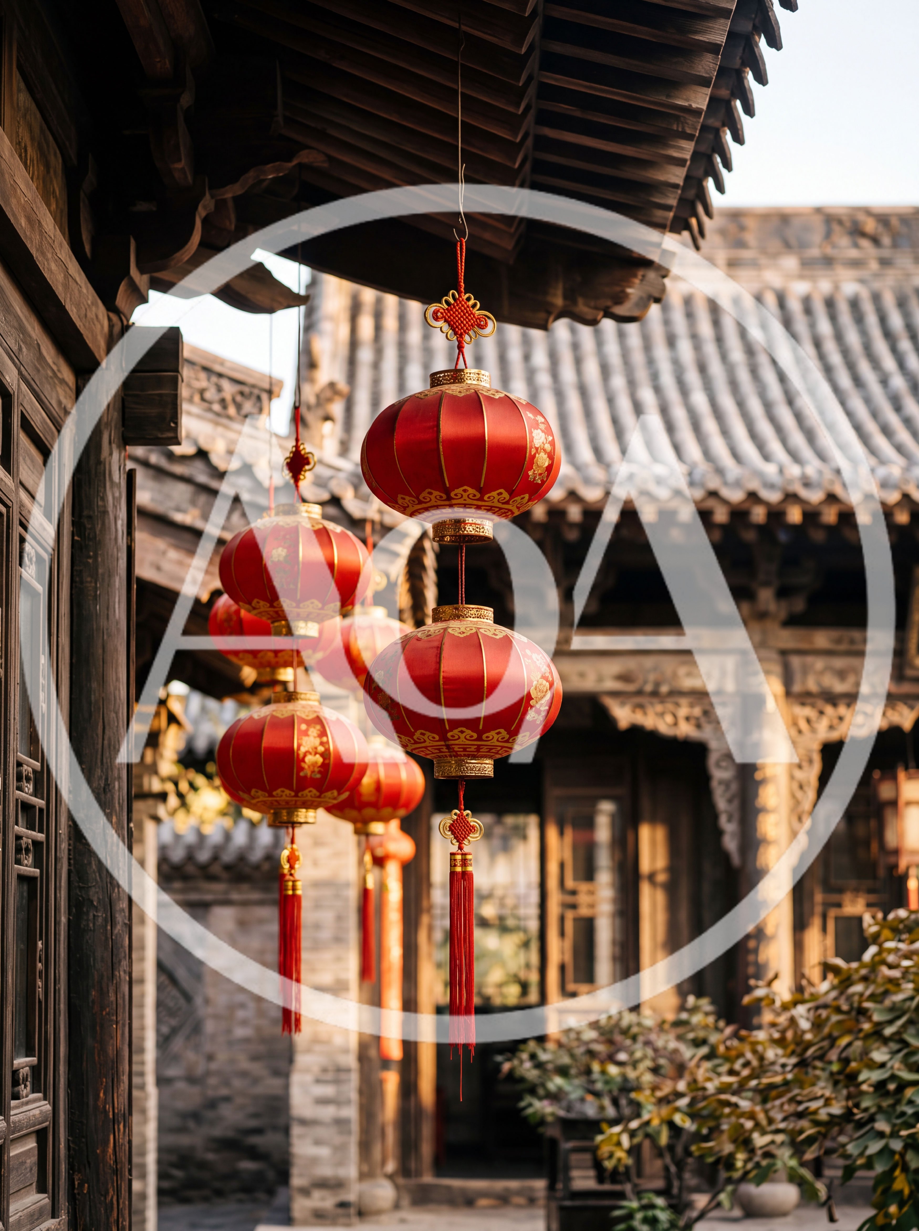 Traditional Red Chinese Lanterns Hanging in Ancient Courtyard