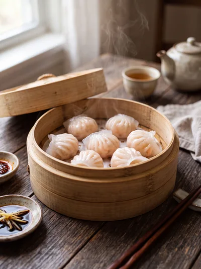 Steaming Bamboo Basket Of Fresh Shrimp Dumplings