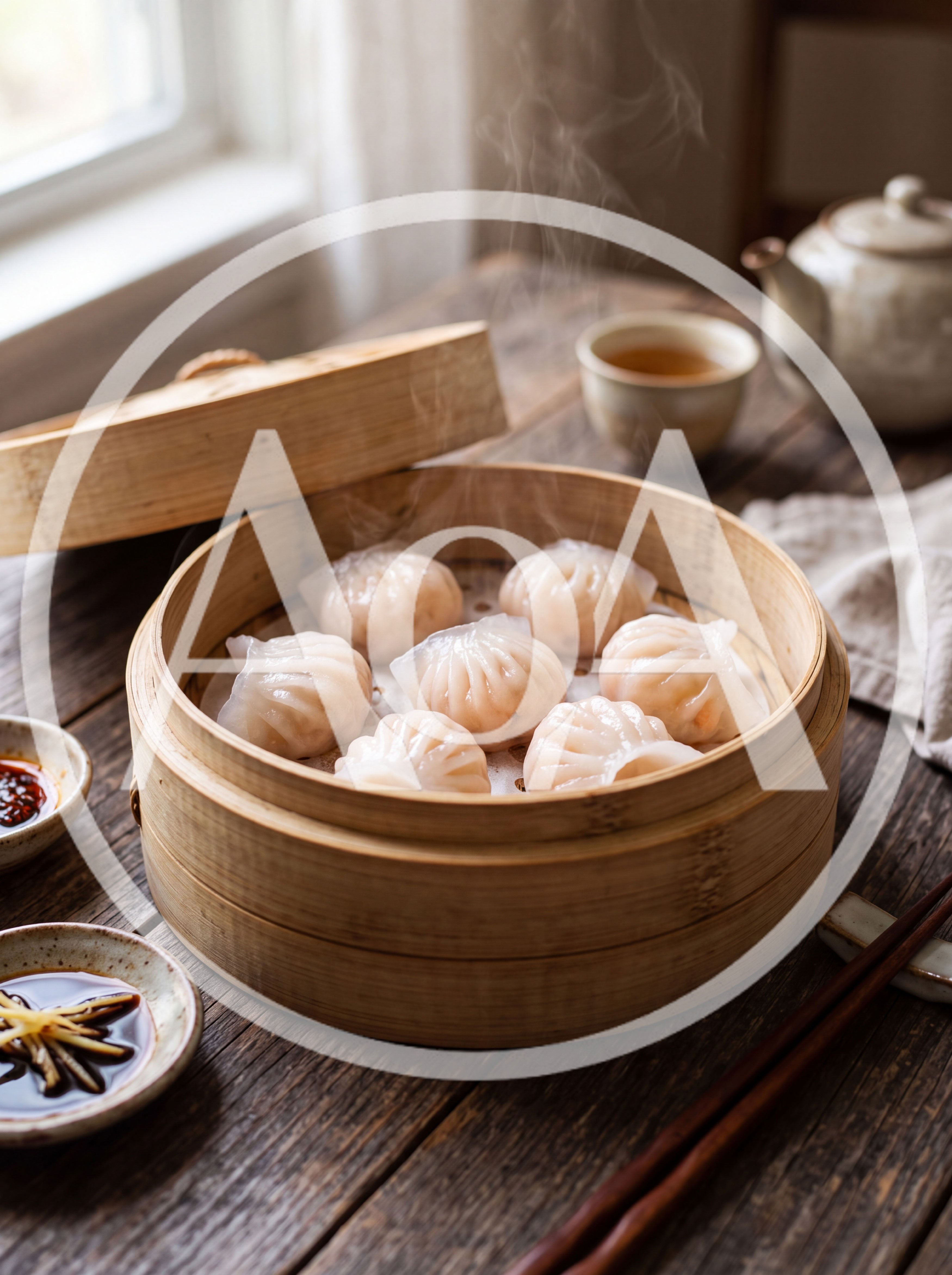 Steaming Bamboo Basket Of Fresh Shrimp Dumplings