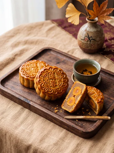 Traditional Mooncakes Served With Tea On Wooden Tray