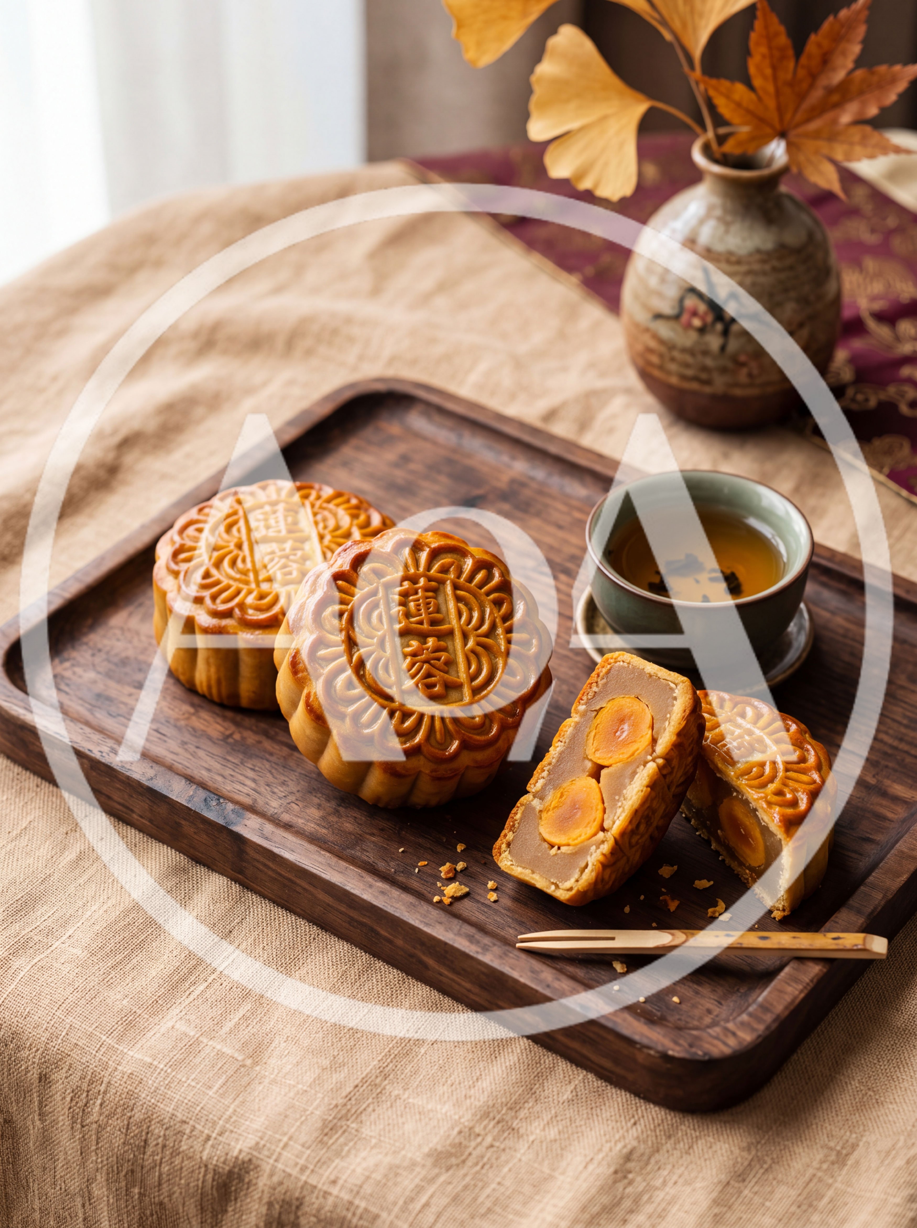 Traditional Mooncakes Served With Tea On Wooden Tray