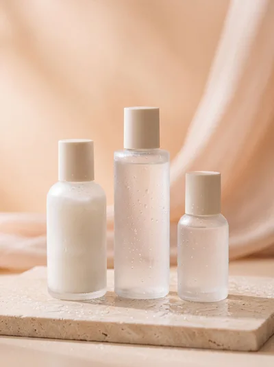 Three Skincare Bottles on a Stone Platform