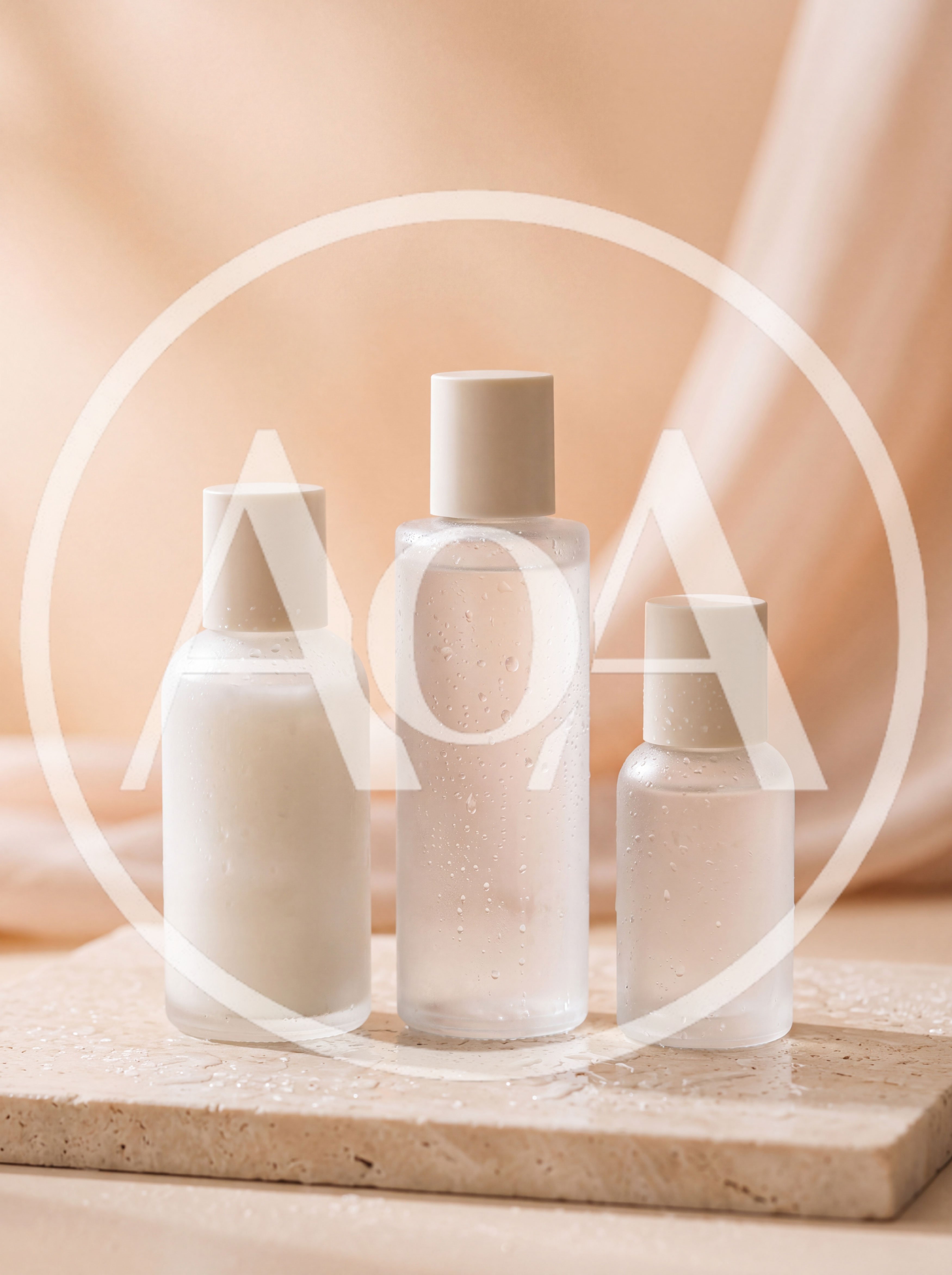 Three Skincare Bottles on a Stone Platform