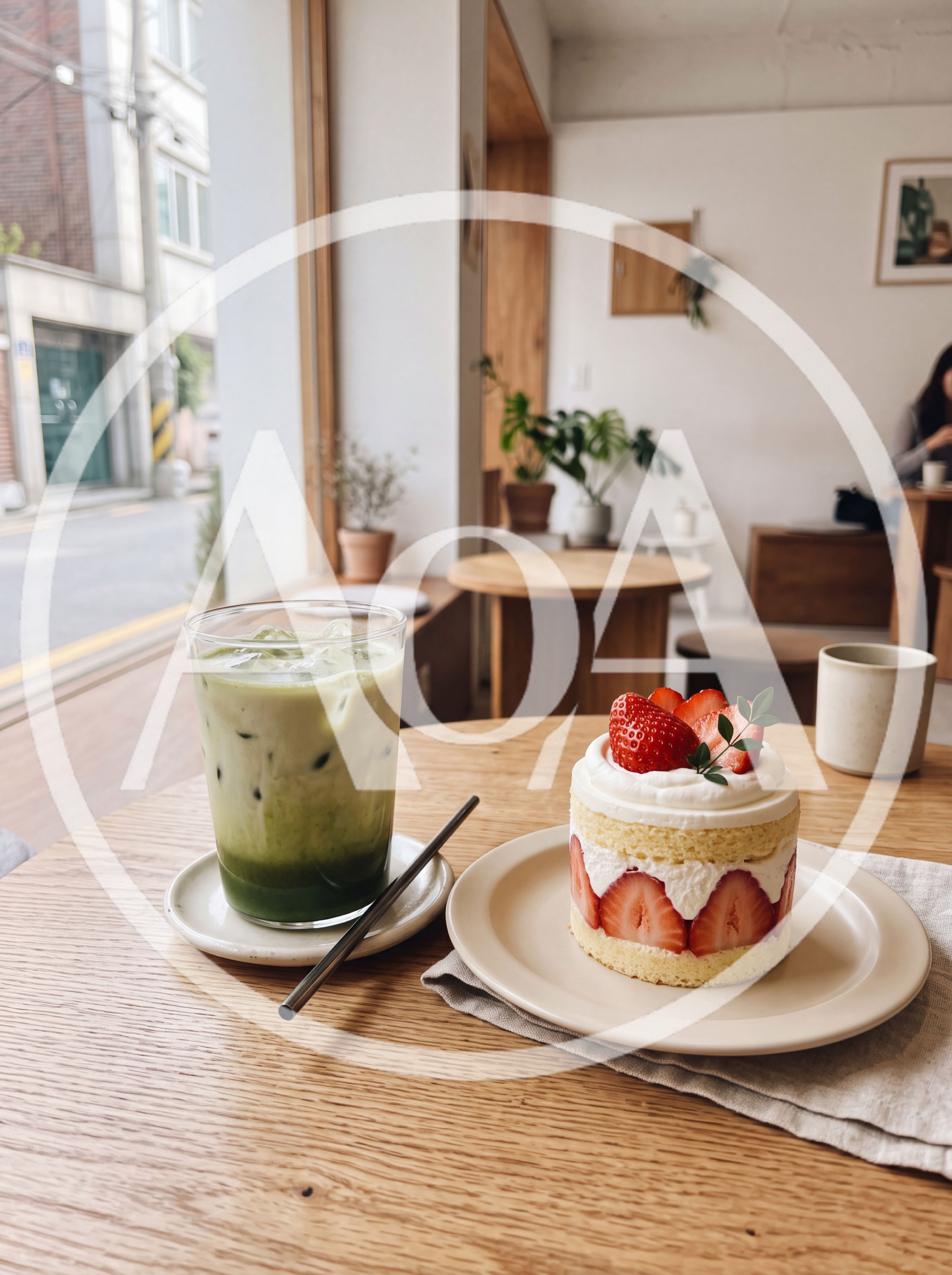 Iced Matcha Latte and Strawberry Cake in Cafe