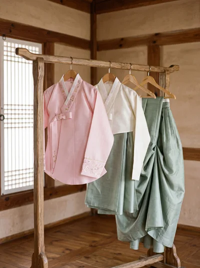 Traditional Korean Hanbok Dresses Hanging on Wooden Rack