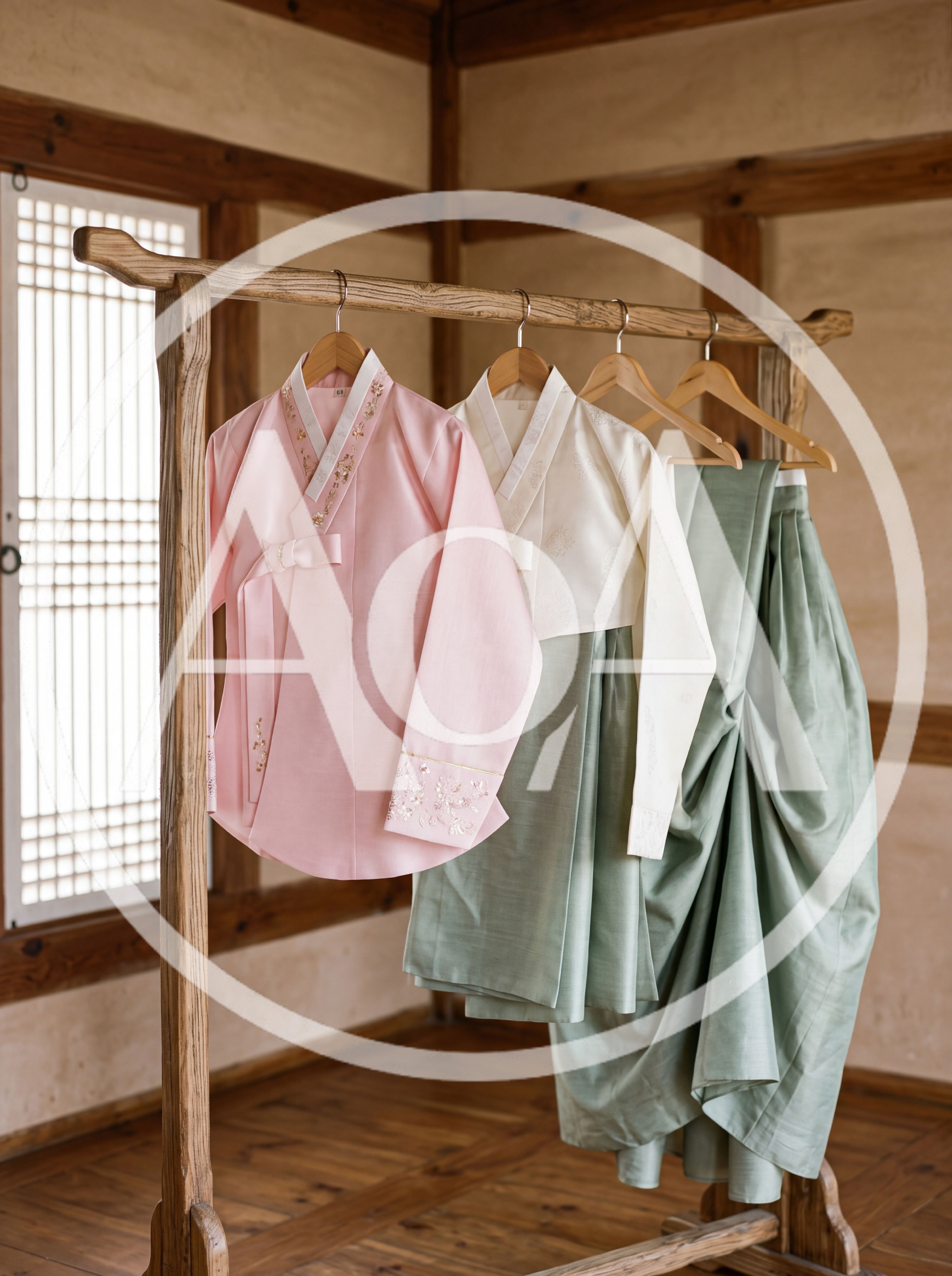 Traditional Korean Hanbok Dresses Hanging on Wooden Rack