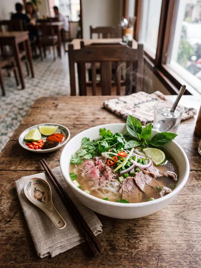Bowl Of Vietnamese Beef Pho On Wooden Table