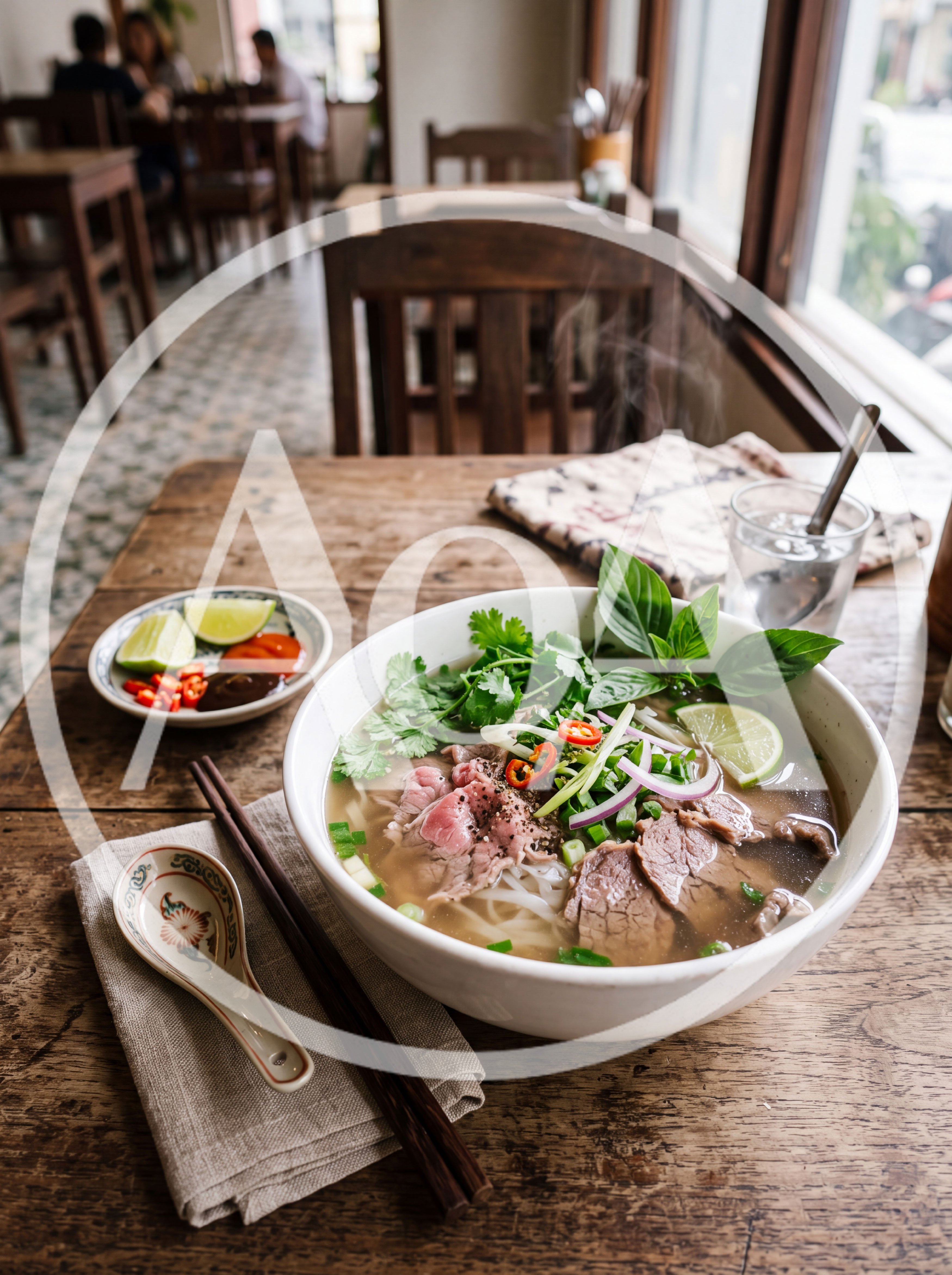 Bowl Of Vietnamese Beef Pho On Wooden Table