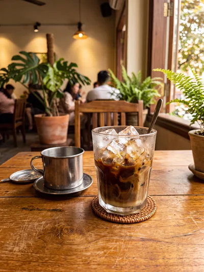Iced Vietnamese Coffee on a Wooden Cafe Table