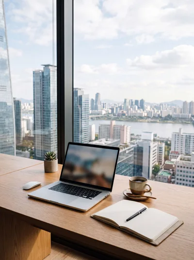 Modern Office Desk With Laptop Overlooking Seoul Skyline