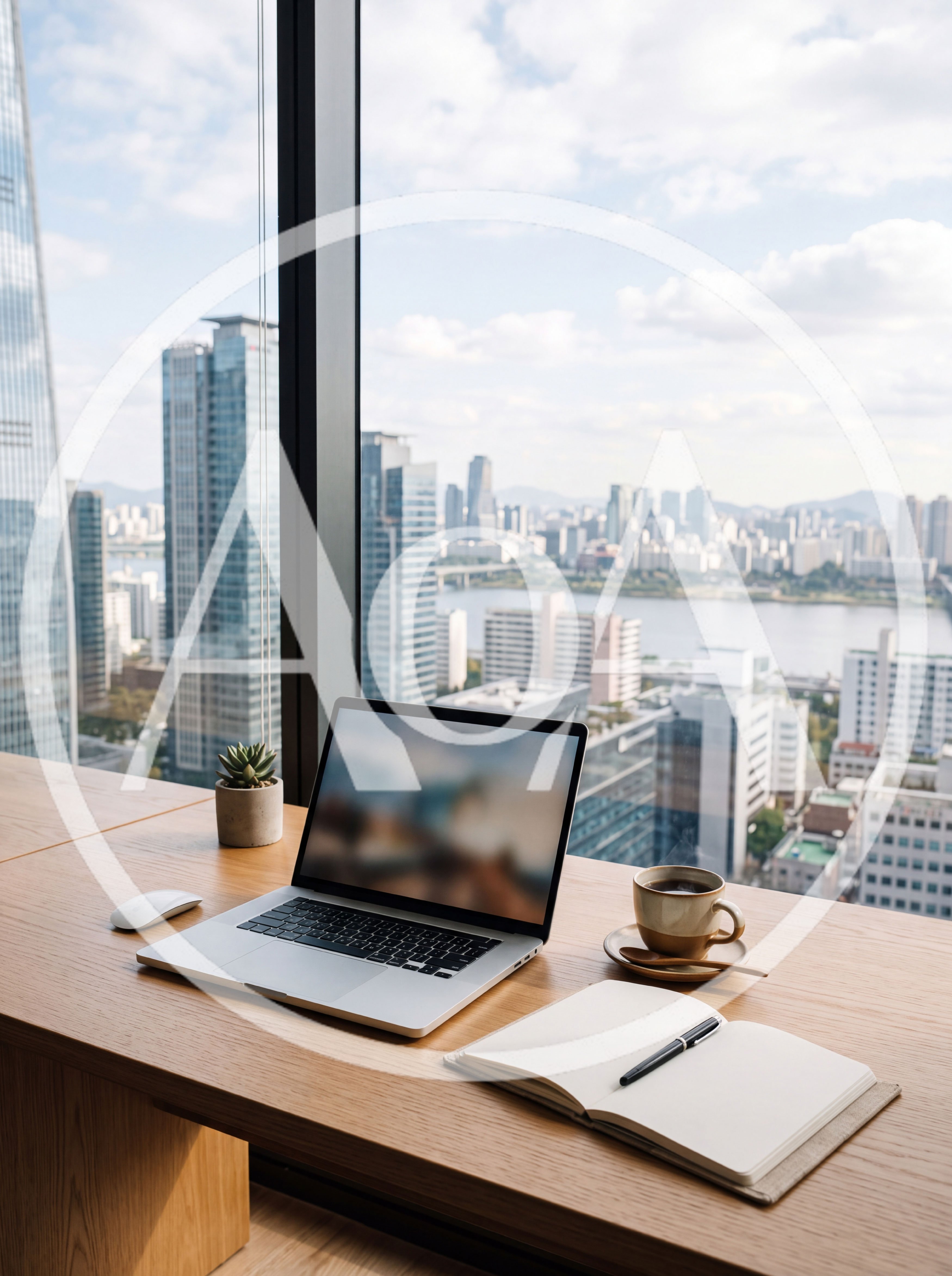 Modern Office Desk With Laptop Overlooking Seoul Skyline