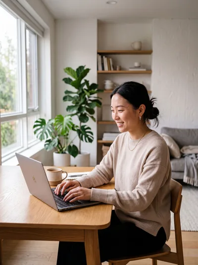 Young Asian Woman Working On Laptop At Home