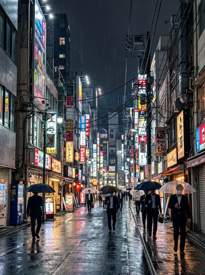 Businessmen Walking Through Rainy Tokyo Street At Night